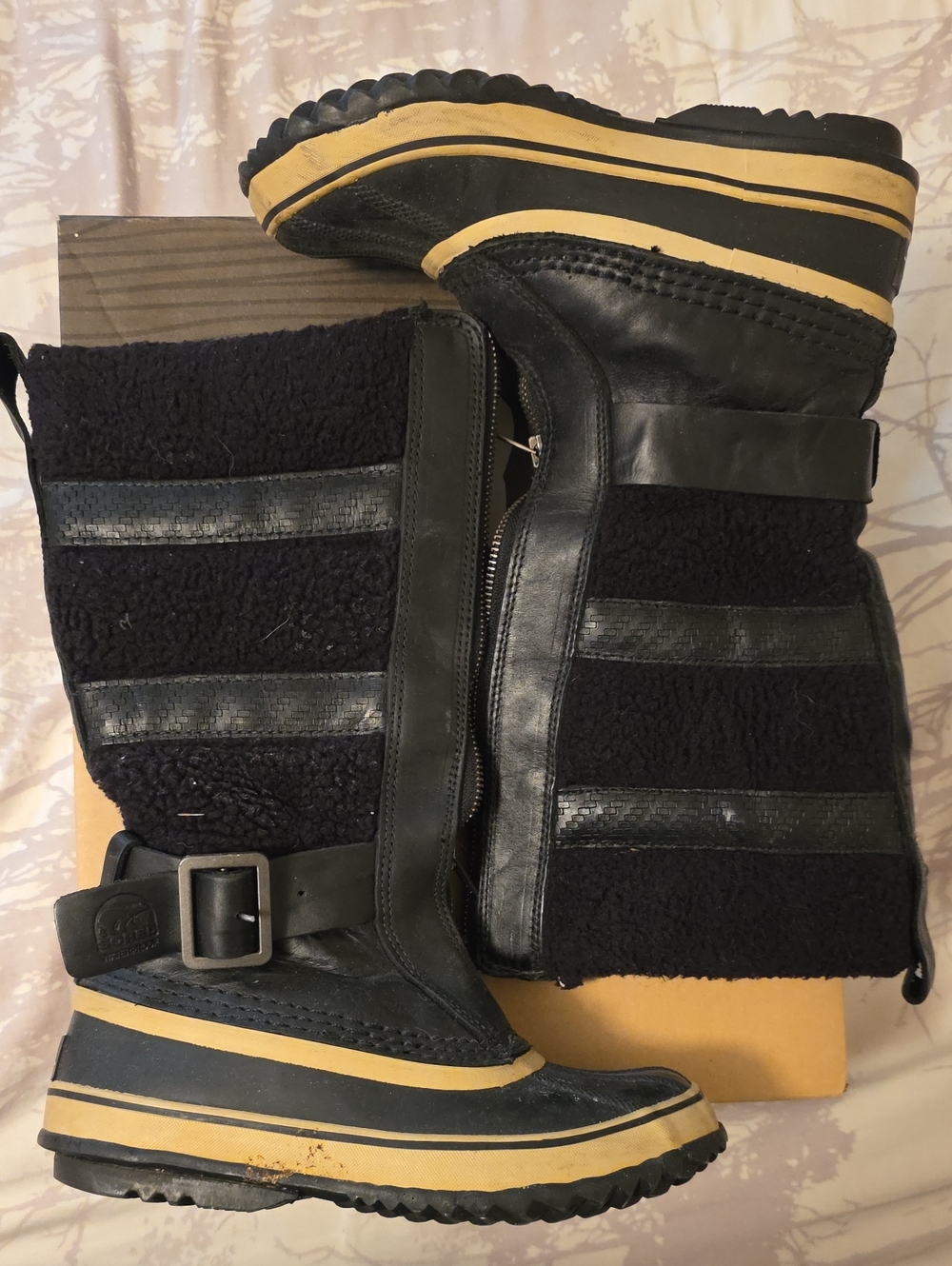 Sorel Black and Tan Layered Winter Rain Boots with Buckle Detail